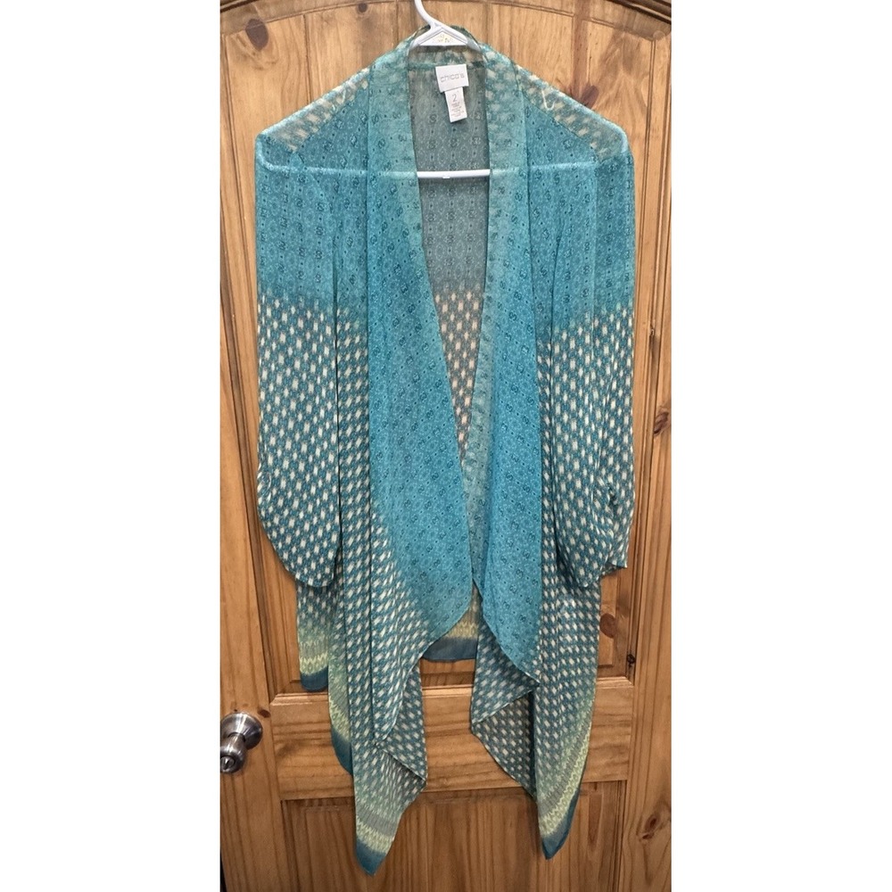 Chico's Women's 2 Sheer Open Front‎ Cardigan Kimono Teal Print Boho Drape